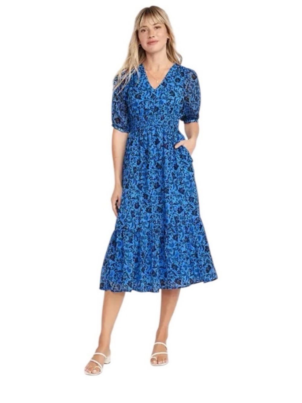 Old Navy Blue Floral V-Neck Midi Dress